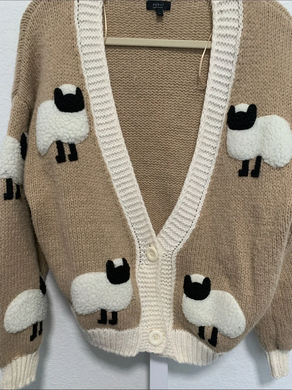 debut Beige Sheep Appliqué V-Neck Cardigan Sweater with Cream Trim - Picture 4 of 7